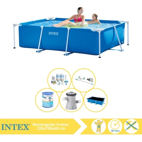 Intex Rectangular Frame Zwembad - Opzetzwembad - 220x150x60 cm - Inclusief Solarzeil Pro, Onderhoudspakket, Zwembadpomp, Filter en Stofzuiger