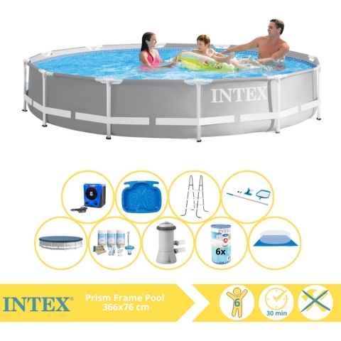 Intex Prism Frame Zwembad - Opzetzwembad - 366x76 cm - Inclusief Afdekzeil, Onderhoudspakket, Zwembadpomp, Filter, Grondzeil, Onderhoudsset, Trap, Voetenbad en Warmtepomp HS