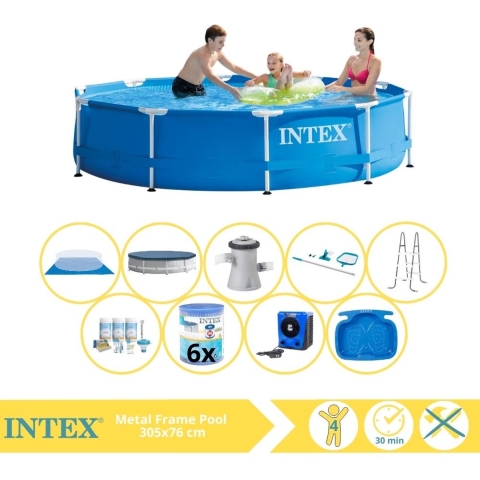 Intex Metal Frame Zwembad - Opzetzwembad - 305x76 cm - Inclusief Afdekzeil, Onderhoudspakket, Filter, Grondzeil, Onderhoudsset, Trap, Voetenbad en Warmtepomp HS