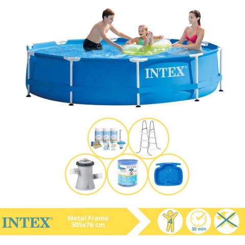 Intex Metal Frame Zwembad - Opzetzwembad - 305x76 cm - Inclusief Onderhoudspakket, Filter, Trap en Voetenbad