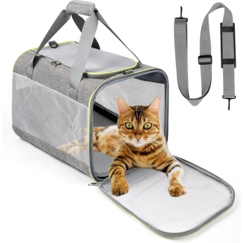 Transportbox Hond, Katten Transportboxen tot 6,5 kg, Hondenbox Auto Transporttas Kat Ademend Opvouwbaar met Verwijderbaar Pluche Kussen voor Kamperen Reizen Dierenartsbezoek (45 x 30 x 30 cm, Grijs)