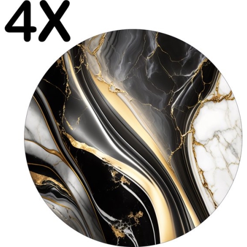 BWK Luxe Ronde Placemat - Zwart met Wit en Gouden Marmer - Set van 4 Placemats - 40x40 cm - 2 mm dik Vinyl - Anti Slip - Afneembaar