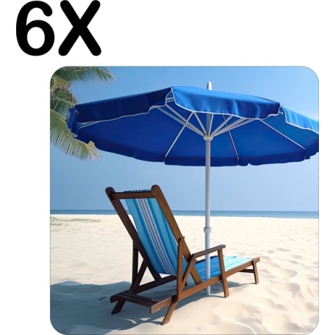 BWK Flexibele Placemat - Blauwe Stoel met Parasol op Prachting Wit Strand - Set van 6 Placemats - 40x40 cm - PVC Doek - Afneembaar