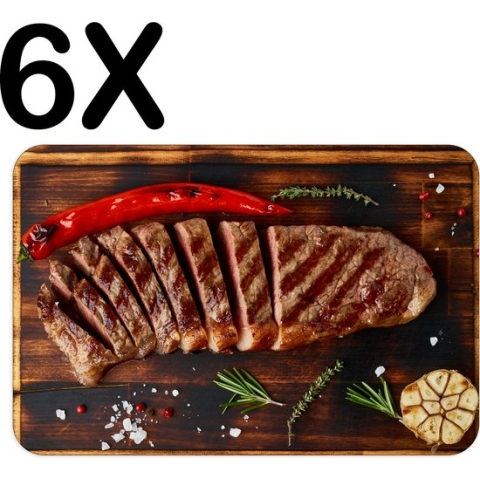 BWK Flexibele Placemat - Gegrilde Biefstuk met Peper op Houten Ondergrond - Set van 6 Placemats - 45x30 cm - PVC Doek - Afneembaar