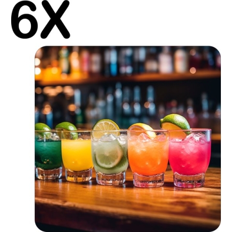 BWK Luxe Placemat - Gekleurde Cocktails op een Bar - Set van 6 Placemats - 40x40 cm - 2 mm dik Vinyl - Anti Slip - Afneembaar