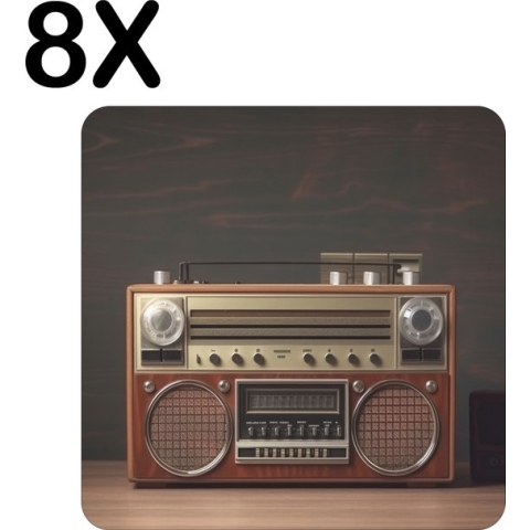 BWK Flexibele Placemat - Vintage Radio met Donkere Achtergrond - Set van 8 Placemats - 50x50 cm - PVC Doek - Afneembaar