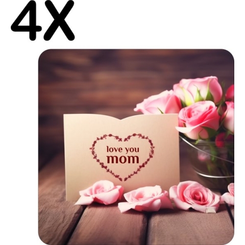 BWK Stevige Placemat - I Love Mom - Moederdag - Rozen - Set van 4 Placemats - 50x50 cm - 1 mm dik Polystyreen - Afneembaar