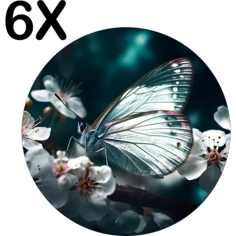 BWK Flexibele Ronde Placemat - Witte Vlinder op Witte Bloemen in een Donkere Omgeving - Set van 6 Placemats - 50x50 cm - PVC Doek - Afneembaar