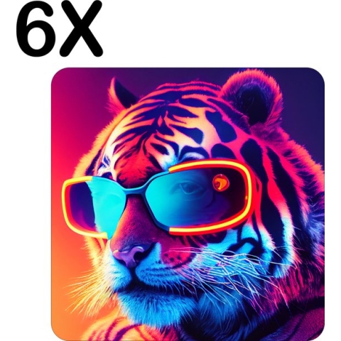 BWK Luxe Placemat - Tijger met Zonnebril in Neon Kleuren - Set van 6 Placemats - 50x50 cm - 2 mm dik Vinyl - Anti Slip - Afneembaar