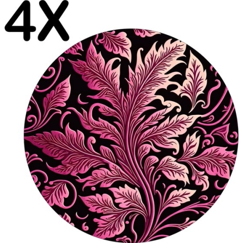 BWK Luxe Ronde Placemat - Roze Bloemen Kunst op Zwarte Achtergrond - Set van 4 Placemats - 50x50 cm - 2 mm dik Vinyl - Anti Slip - Afneembaar