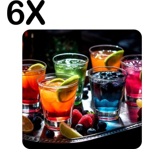 BWK Luxe Placemat - Gekleurde Cocktails op een Dienblad - Set van 6 Placemats - 40x40 cm - 2 mm dik Vinyl - Anti Slip - Afneembaar