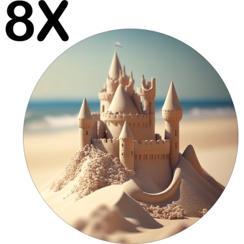BWK Flexibele Ronde Placemat - Prachtig Zandkasteel op het Strand - Set van 8 Placemats - 50x50 cm - PVC Doek - Afneembaar