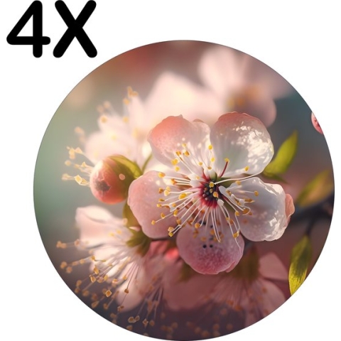 BWK Luxe Ronde Placemat - Roze Kersen Bloesem in de Lente - Set van 4 Placemats - 50x50 cm - 2 mm dik Vinyl - Anti Slip - Afneembaar