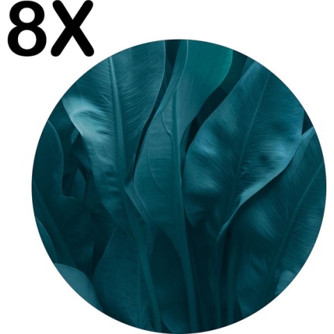 BWK Flexibele Ronde Placemat - Groen - Blauwe Bladeren - Set van 8 Placemats - 40x40 cm - PVC Doek - Afneembaar