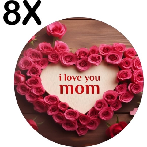 BWK Stevige Ronde Placemat - Rozen Hart met I Love Mom - Set van 8 Placemats - 40x40 cm - 1 mm dik Polystyreen - Afneembaar