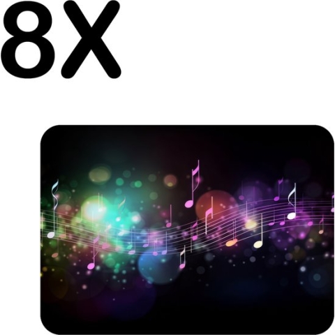 BWK Flexibele Placemat - Kleurrijke Muzieknoten op Zwarte Achtergrond - Set van 8 Placemats - 40x30 cm - PVC Doek - Afneembaar