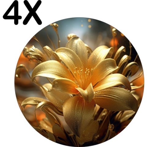 BWK Flexibele Ronde Placemat - Goud - Bloem - in Bloei - Artistiek - Set van 4 Placemats - 50x50 cm - PVC Doek - Afneembaar