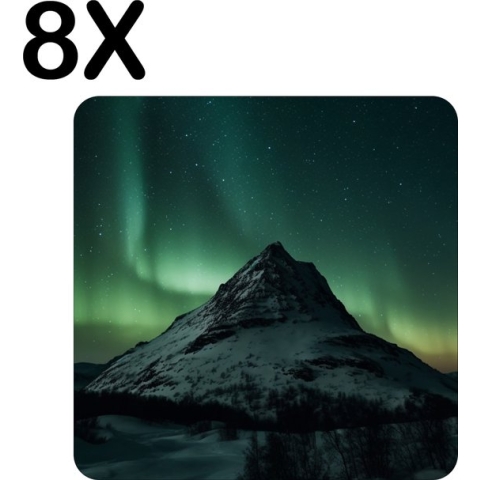 BWK Stevige Placemat - Berg met Aurora - Noorder Licht - Set van 8 Placemats - 40x40 cm - 1 mm dik Polystyreen - Afneembaar