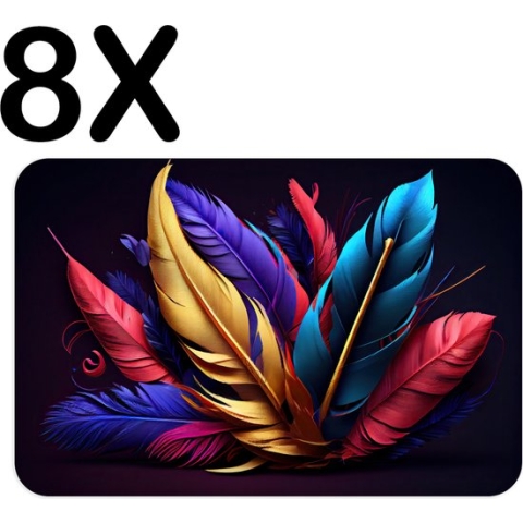 BWK Stevige Placemat - Kleurrijke Veren op een Zwarte Achtergrond - Set van 8 Placemats - 45x30 cm - 1 mm dik Polystyreen - Afneembaar