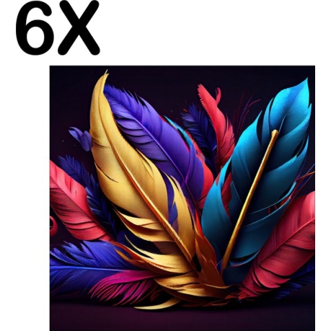 BWK Textiele Placemat - Kleurrijke Veren op een Zwarte Achtergrond - Set van 6 Placemats - 50x50 cm - Polyester Stof - Afneembaar