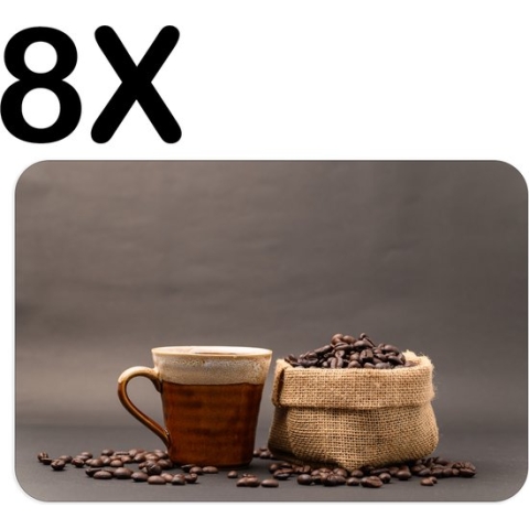 BWK Flexibele Placemat - Koffie met Koffiebonen Zakje - Set van 8 Placemats - 45x30 cm - PVC Doek - Afneembaar