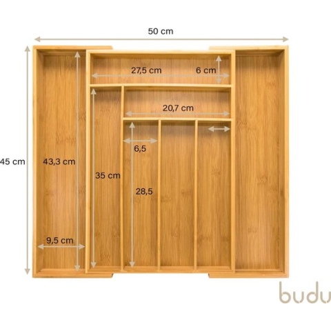 Bestekbak #45 (45cm) van bamboe - uittrekbaar - laden opbergsysteem voor de keuken - bestekbak voor laden van bamboe