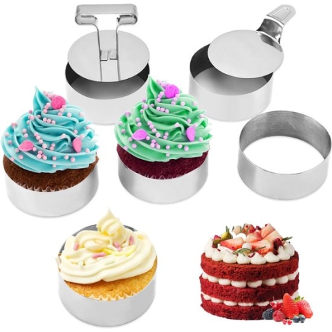 Dessert Rings 8 Serving Rings 8.8 cm Baking Ring Stainless Steel Cake Ring Baking Serving Rings Stainless Steel Set with Lifter Pressed Circle Plate for Dessert Baking Mousse