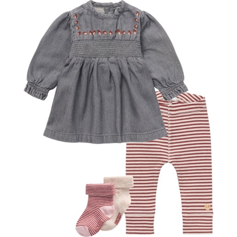 Noppies - Kledingset - 4delig - Jurk Lao jeans geborduurd - Legging La Havre gestreept - 2 paar sokjes - Maat 74