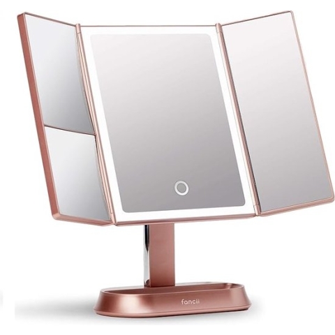 Het beste Nieuwjaarscadeau voor haar - Make-upspiegel met natuurlijk ledlicht, verlichte make-upspiegel met 5 vakken en 7 vergrotingsspiegel, dimbare verlichting, tafelspiegel, roze