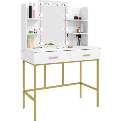 Dakta ® Luxe Make-Up Tafel met Spiegel met Verlichting | 2 lades | Wit en Goud | Kaptafel