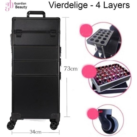 4in1 Beautykoffer / Trolley voor opbergen van uw persoonlijke verzorgingsproducten | gemaakt van aluminium - 8 wielen - Kapper - Tattoo - Nagel - Make-up - Cosmetica - Schmink - 4 Lagen