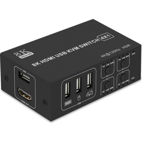 NÖRDIC KVM-116 KVM Switch - 4 naar 1 - 1xHDMI, 4xUSB - 8K60Hz - HDCP 2.2 - Zwart