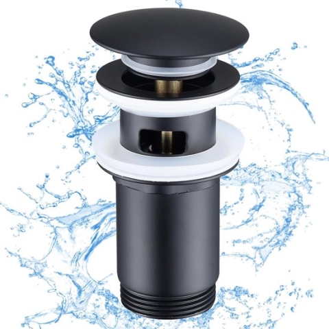 Drain Fitting Matte Black with Overflow, Universal Drain Valve Drain Fitting for Sink, Brass Pop Up Drain Plug Valve for Washbasin/Sink