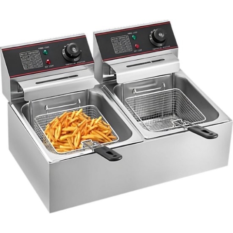ShopbijStef - Dubbele Friteuse - Dubbele Frituurpan - Frituurpan Dubbel - 2 x 6 Liter - Zilver