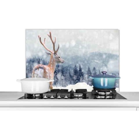 KitchenYeah - Spatscherm keuken - Muurdecoratie - Dieren - Hert - Sneeuw - Gewei - Keuken - Muurbeschermer - 90x60 cm