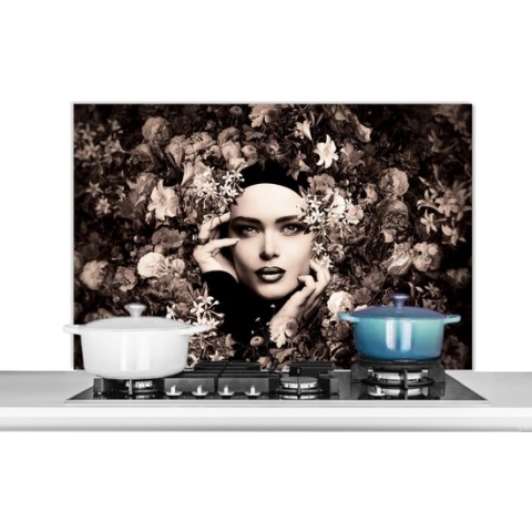 Spatscherm Keuken - Kookplaat Achterwand - Spatwand Fornuis - 100x65 cm - Vrouw - Bloemen - Botanisch - Natuur - Aluminium - Wanddecoratie - Muurbeschermer - Hittebestendig