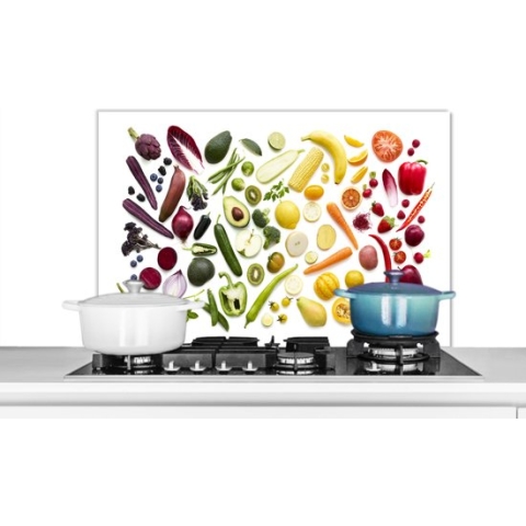 Spatscherm Keuken - Kookplaat Achterwand - Spatwand Fornuis - 90x60 cm - Groente - Fruit - Regenboog - Aluminium - Wanddecoratie - Muurbeschermer - Hittebestendig