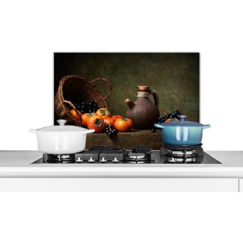 Spatscherm Keuken - Kookplaat Achterwand - Spatwand Fornuis - 70x50 cm - Rustiek - Fruit - Kan - Mand - Stilleven - Aluminium - Wanddecoratie - Muurbeschermer - Hittebestendig - Spatwand