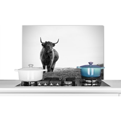 Spatscherm Keuken - Kookplaat Achterwand - Spatwand Fornuis - 90x60 cm - Dieren - Schotse hooglander - Zwart wit - Natuur - Landelijk - Aluminium - Wanddecoratie - Muurbeschermer - Hittebestendig