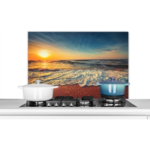 Spatscherm Keuken - Kookplaat Achterwand - Spatwand Fornuis - 90x60 cm - Strand - Zee - Zonsondergang - Goud - Aluminium - Wanddecoratie - Muurbeschermer - Hittebestendig