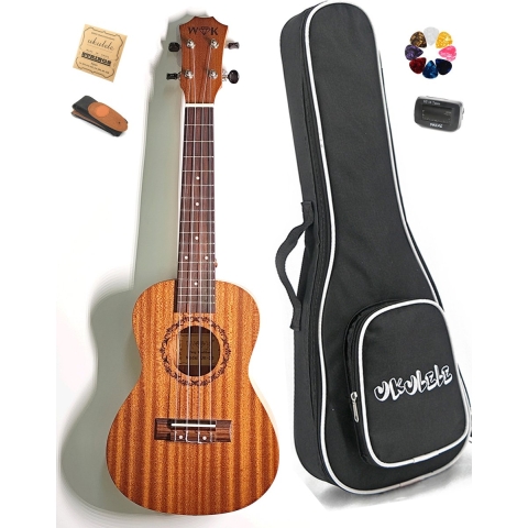 WK Concert Ukelele-Exclusive Sapelehout -23 inch Ukelele -Inclusief accessoires- Professionele studie-met tas
