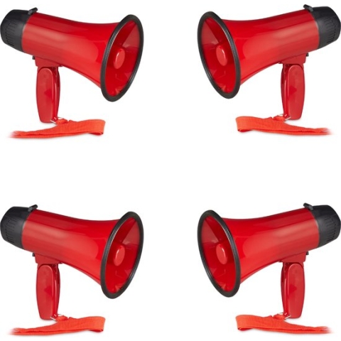 Relaxdays 4 x megafoon grappig - megaphone kunststof - rood - stemversterker - 10 watt