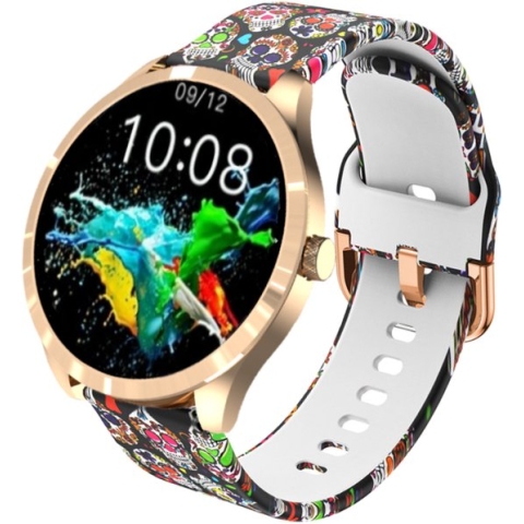 Belesy® BQSiRgSk 2022 Skull - Smartwatch Dames – Smartwatch Heren - Horloge - 1.28 inch - Kleurenscherm - Stappenteller - Bloeddruk - Hartslag - 75+ Wijzerplaten – Sporten – Rose goud – Staal - Siliconen – Skull - Cadeau - Moederdag