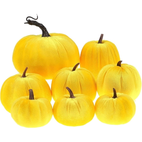 8pcs Geassorteerd Maat Kunstmatig Handgemaakt Geel Fluweel Pompoen Nep Herfst Oogst Halloween Decoratie Woonaccessoires Keuken