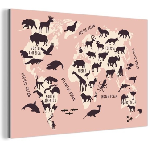 Wanddecoratie Metaal - Aluminium Schilderij Industrieel - Wereldkaart - Roze - Dieren - 180x120 cm - Dibond - Foto op aluminium - Industriële muurdecoratie - Voor de woonkamer/slaapkamer