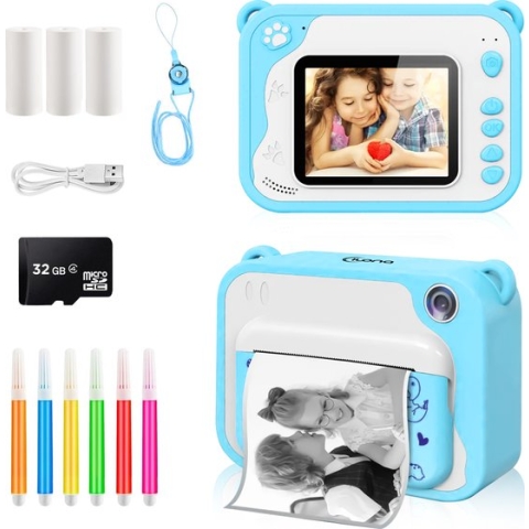 Ilona® 3 IN 1 Digitale Kindercamera + Instant print + speelcamera | 32GB micro sd kaart | camera kinderen | Vlogcamera met games | Fototoestel voor Kinderen | Klein Formaat Speelgoed | Met videofunctie | Blauw