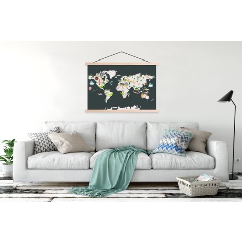 Posterhanger incl. Poster - Schoolplaat - Wereldkaart - Kinderen - Dieren - 150x100 cm - Blanke latten