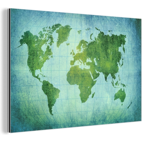 Wanddecoratie Metaal - Aluminium Schilderij Industrieel - Wereldkaart - Perkament - Groen - Kindje - Jongens - Meisjes - 150x100 cm - Dibond - Foto op aluminium - Industriële muurdecoratie - Voor de woonkamer/slaapkamer