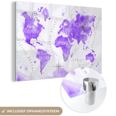 MuchoWow® Glasschilderij - Wereldkaart - Olieverf - Paars - 180x120 cm - Acrylglas Schilderijen - Foto op Glas