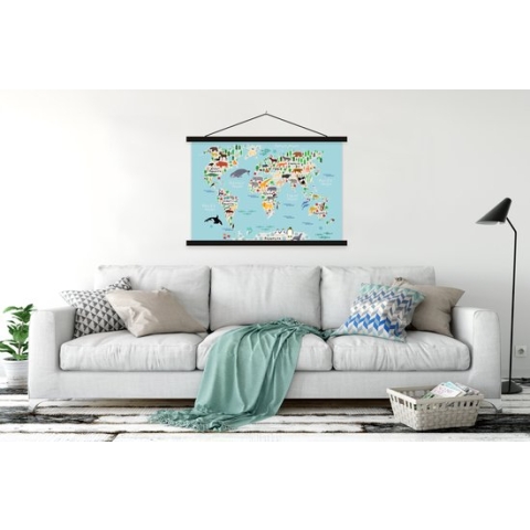 Schilderij voor kinderen - Slaapkamer decoratie - Wereldkaart - Kinderen - Dieren - Blauw - Orka - Walvis - Schoolplaat kind - 150x100 cm